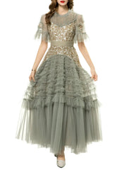 Fashion Women Dress Short Sleeve Round Neck Lotus Leaf Edge Lace Splicing Sequins Female Party Dress New Tide voguable