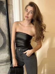 Mozision Off-shoulder Strapless PU Leather Sexy Tops Women Fashion Zipper Backless Sleeveless Ruched Irregular Club Crop Tops voguable