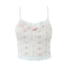 Sweet Women Lace Trim Floral Print Knit Camis French Style Summer Holiday Crop Top