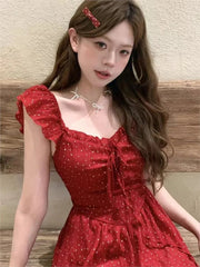 Women's Sexy Hotgirl Dot Dresses Summer French Slash-Collar Slim Fit Hollowed Waist Lace-up A-Line Short Skirt 2025 New Fashion voguable