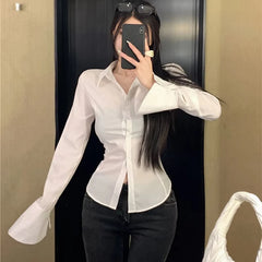 Harajuku Fashion Women Bandage Shirts Y2k Korean All Match Streetwear Female Slim Blouse Spring Casual White Bell Sleeve Shirt voguable