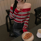 Voguable Vintage Striped Sweater Women Harajuku Cropped Slash Neck Knitted Pullovers Sexy Gyaru Knitwears Korean Long Sleeve Jumpers New voguable