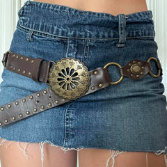 Voguable Vintage PU Leather Hollow Out Ring Wide Belt y2k Streetwear Punk Rivets Belts for Women Fashion Accessories Waistband voguable