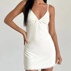 Sexy Women Flocking Polka Dot Mesh Dress Summer Lady Thin Straps V Neck A-line Sling Mini Dress White Robe voguable