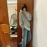 Voguable American Retro Gray Hooded Sweatshirt Student Simple Solid Color Hoodie voguable