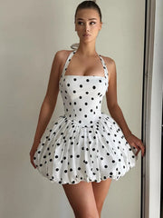 Halter Print Polka Dot Mini Dress Women Fashion Off-shoulder Sleeveless Backless High Waist A-line Club Party Dress voguable