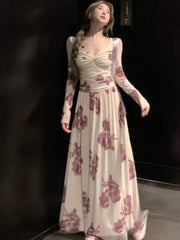 Elegant Print V-Neck Long Party Dress For Women French Autumn New Fashion Folds Long Sleeves Slim Dresses Female Casual Vestidos voguable