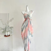Voguable Elegant Backless Printed Long Dress Women Bohemian Tie Dye Beach Vacation Dress Casual Chic Beaded Party Suspender Vestidos New voguable