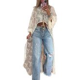 Voguable Women Lace Blouse y2k Coquette Clothes Sheer White Floral Pattern Long Sleeve Loose Fit Lightweight Cover Up Streetwear voguable