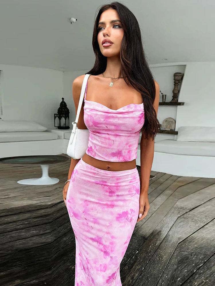 Strapless Print Sexy Two Piece Sets Women Spaghetti Strap Crop Tops And Maxi Skirt Female Elegant Printed 2 Piece Sets voguable