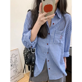 Voguable Autumn Korean College Style Blue Striped Shirt for Women Loose Versatile Chic Atmosphere voguable