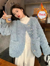 Women Sweet Cute Faux Lamb Coat Winter Warm Thick Slim Long Sleeve Vintage Jacket Korean O Neck Elegant Pearls Buttons Tops New voguable