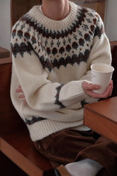 Autumn and Winter Thickened Round Neck Pullover Mens Sweater Vintage Patchwork Jacquard Knitted Sweater Men and Women voguable
