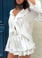 Voguable Spring New Women's Clothing Set with ruffled long sleeves, V-neck exposed navel shirt, short skirt two-piece set voguable