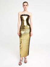 Guest Wedding Party Dress Women Strapless With Black Belt Luxury Gold Sequins Slip Ankle Length Long Dress voguable