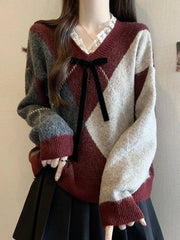Sweet Bow Argyle Sweaters Women Retro Preppy Style Loose Knitted Pullover Lace Patchwork Long Sleeve Female Vintage Jumpers Fall voguable