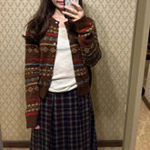 Voguable Vintage Jacquard Sweater Women Autumn Winter Round Neck New Thicken Korean Paisley Ingle-breasted Folk Knitted Cardigans Tops voguable