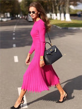 Women Spring And Autumn Solid Color Casual Pleated Mid-length Knitted Dress Fashion Long Sleeve O-neck Robe A-line Slim Vestidos voguable