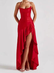 Satin Spaghetti Strap Ruffled Sexy Maxi Dress For Women Gown Red Off-shoulder Sleeveless Backless High Split Long Dress voguable