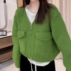 Women's Zip Up Knit Cardigan with Pocket V-neck Zipper Front Crop Sweater Jacket Female Teen-girl Autumn Winter Y2K Outfit voguable