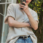 New Fashion Korean Style Men T-shirt Light Luxury Henry Collar Tops Casual Loose High Quality Solid Color Half Sleeve Tees M-2XL voguable