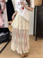 French Elegant Lace Midi Skirts Women Summer New Chic Patchwork Mesh Y2K Female High Waist Jacquard All Match A Line Skirts voguable