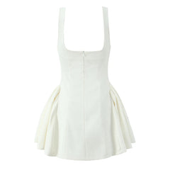 Elegant White Evening Party Mini Dresses For Women Square Neck Sleeveless Pleated Hem Ball Gown Dress Summer Robe voguable