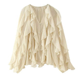 New Women Sexy Semi-sheer Ruffle Shirt Long Sleeve V Neck Front Button Spring Blouse Burgundy Blusas Mujer voguable