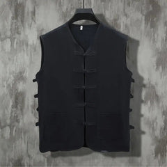 Voguable Summer Men's New Chinese Style Patchwork V-Neck Fashion Solid Color Button Pocket Casual All-match Sleeveless Vest Tops voguable