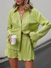 Voguable Casual Loose Solid Pleated Shorts Suit for Women Fashion Lapel Long Sleeve Shirt High Waist Shorts Set Summer Y2K Street Outfit voguable