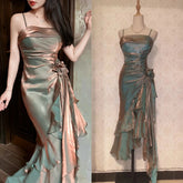 Voguable Vintage Elegant Ice-colored British Retro Waist Strap Three-dimensional Flowers Irregular Ruffle Stitching Evening Dress voguable