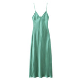Voguable New Women Green Satin Midi Spaghetti Strap Sexy Dresses Chic Backless V Neck Female Party voguable