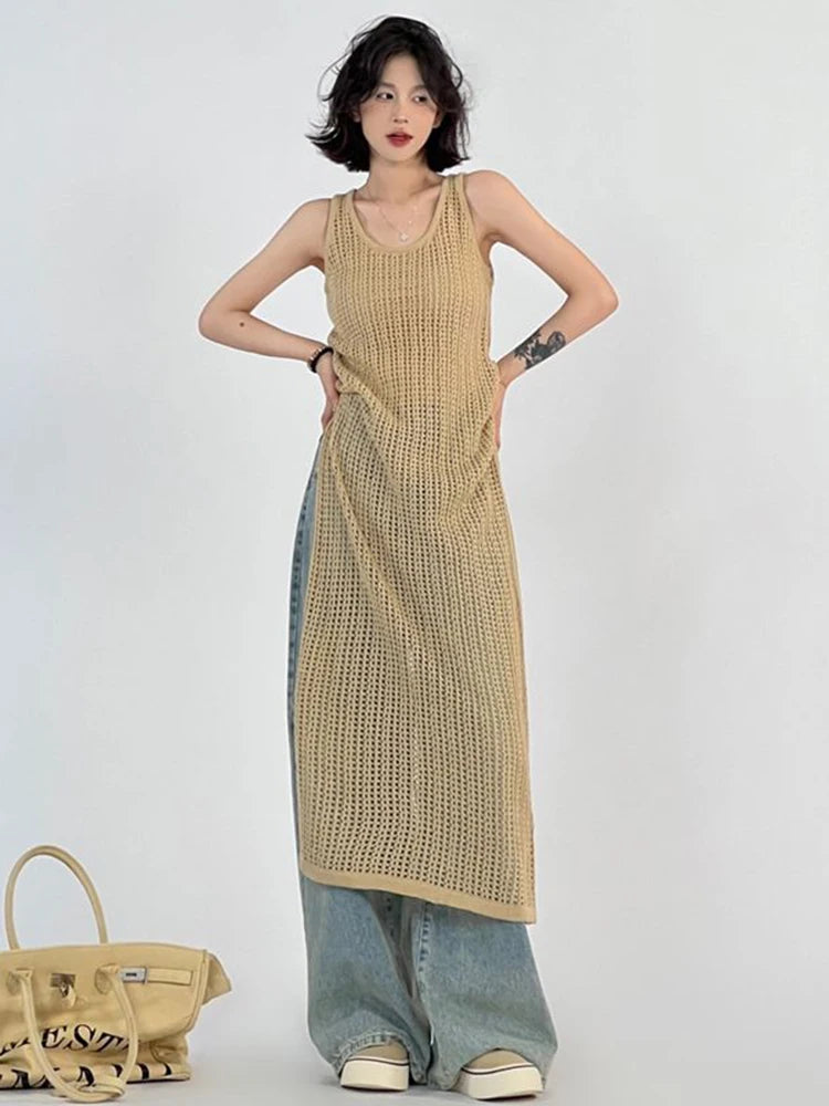 Voguable Designed Hollow Out Women Dress Loose Summer Korean Tanks Dress Casual Khaki Split Ladies Long Dress voguable