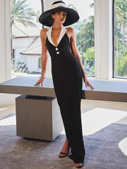 Halter Backless Sexy Maxi Dress For Women Gown Contrast Color Notched Collar Sleeveless Bodycon Club Party Tank Dress voguable