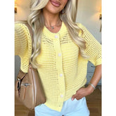 Voguable Korean Fashion Hollowed Out Round Neck Casual Short Sleeved Cardigan Summer New Solid Color Elegant Women's Knitted Tops voguable