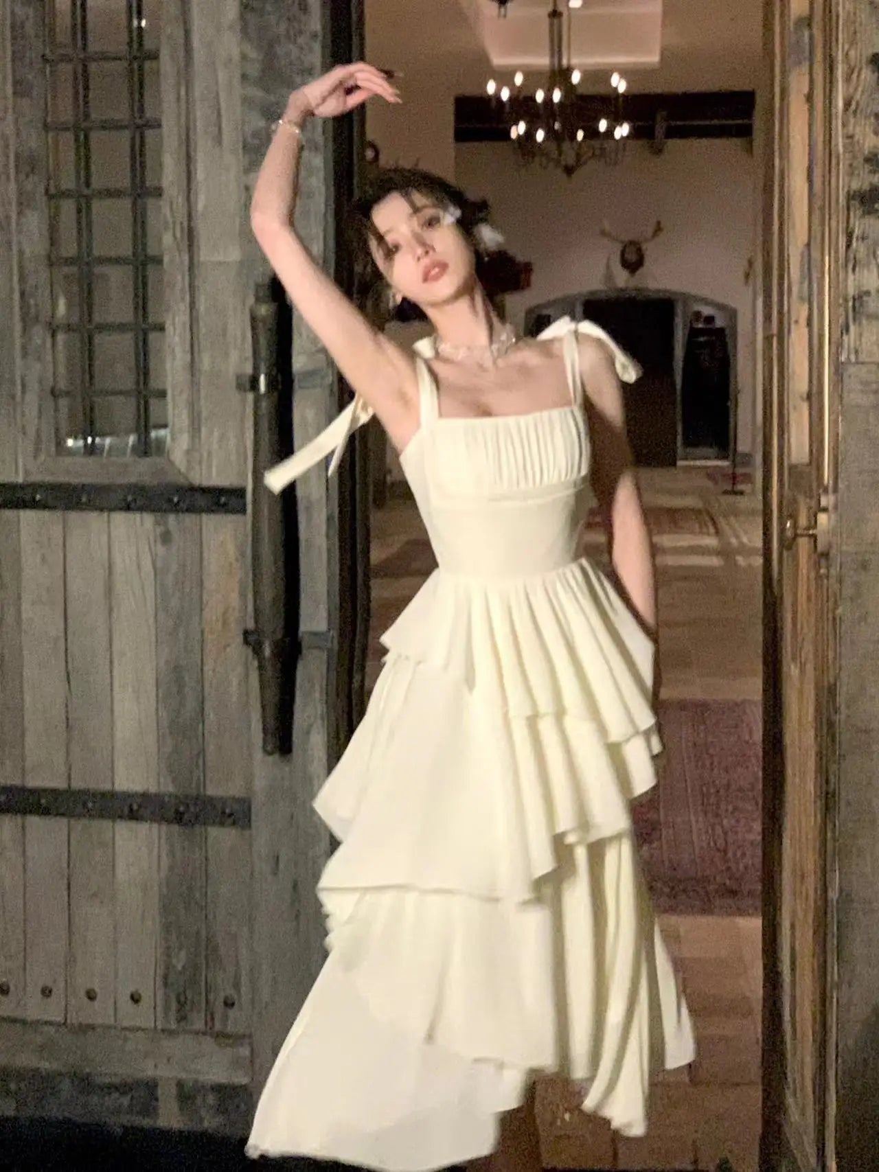 Voguable Summer Fairy Backless Slash Neck Solid Color Suspender Dresses Women High Waist Chiffon Slim Fit Evening Dress voguable