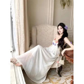 French 3D Flower Tank Dress Women's Summer Soft Mesh Long Dress White Open-back Waist-fitted A- line Skirt voguable