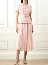 Women's Elegant 2 Pcs Set O Neck Short Sleeve Sequins Tweed Belt Coat High Waist Pleated Skirts Sets 2025 New Autumn voguable