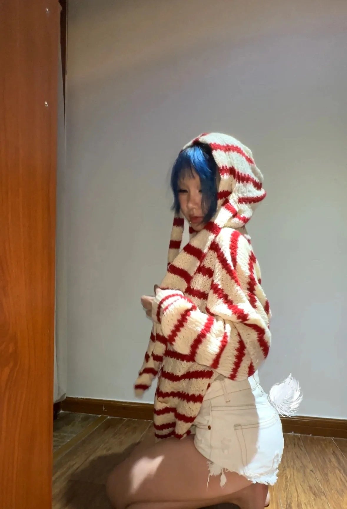 Japanese Y2k Hooded Cardigan 2000s Aesthetics Rabbit Ears Zipper Knitwear Vintage Harajuku Red Stripe Sweater Grunge voguable