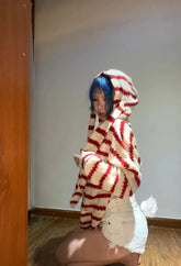 Japanese Y2k Hooded Cardigan 2000s Aesthetics Rabbit Ears Zipper Knitwear Vintage Harajuku Red Stripe Sweater Grunge voguable