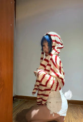 Japanese Y2k Hooded Cardigan 2000s Aesthetics Rabbit Ears Zipper Knitwear Vintage Harajuku Red Stripe Sweater Grunge voguable