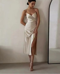 Fashion Sleeveless Backless Camisole Women's Long Dress Solid Color V-neck Slit Vestidos Ladies Elegant Evening Party Gown