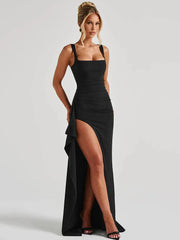 Black Backless Sexy Maxi Dress For Women Gown Spaghetti Strap Sleeveless Thigh High Split Club Evening Long Dress voguable
