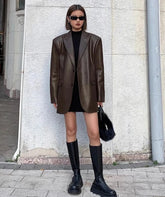 Women Black Brown Soft PU Leather Blazer Shoulder Pads Long Sleeve Single Breasted Loose Casual Jacket Tops Korean Fashion Coat voguable