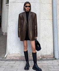 Women Black Brown Soft PU Leather Blazer Shoulder Pads Long Sleeve Single Breasted Loose Casual Jacket Tops Korean Fashion Coat voguable