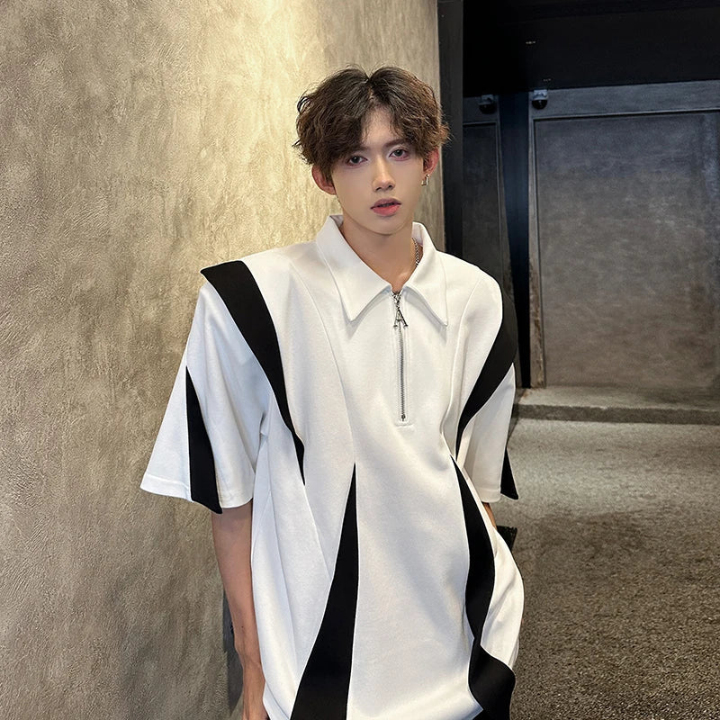 Laple T-Shirt men Urban Streetwear Polo Style Two-Tone Design Casual Summer Tee Y2K Trendy Oversized Top Breathable Cotton Blend voguable