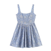 Flower Embroidery Blue Sweet Short Dress 2025 New Square Collor A-line Zipper Fashion Summer Dress Fashion Beach Woman Clothing voguable