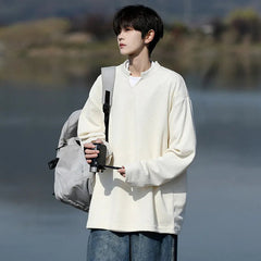 Long Sleeve V-Neck T-Shirt mens Solid Color Spring Casual Basic Top Plain Tee Shirt Breathable Comfort Stretch Soft plus size voguable