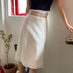 Elegant White Women Satin Skirt Fairycore Ruffle Mid Skirts Coquette A-line Basic Casual Korean Style Summer Silk Skirt voguable