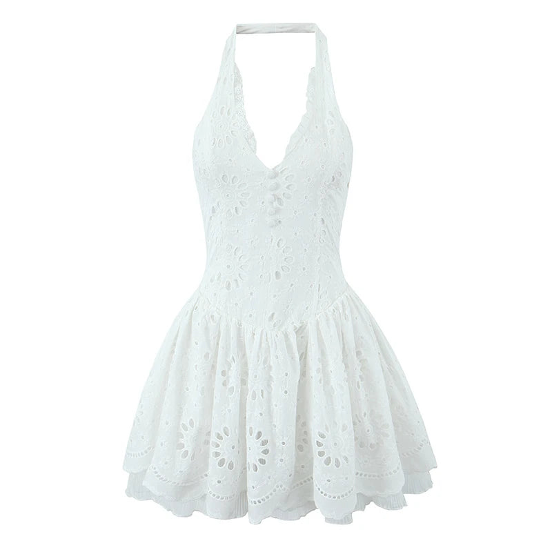 French Style Sexy Backless Halter Dress For Women Hollow Out Embroidery White Party Mini Dresses Chic Lady Summer Robe